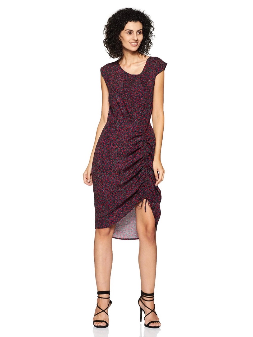 GAP Black & Pink Ruched Cap-Sleeve Peplum Midi Dress
